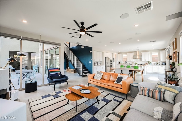 living room with ceiling fan