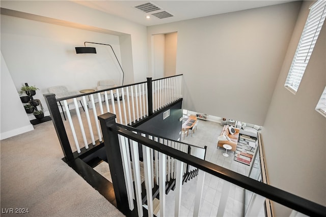 staircase featuring carpet flooring