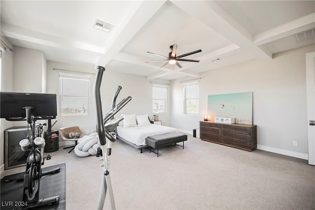 bedroom with beamed ceiling, coffered ceiling, ceiling fan, and carpet