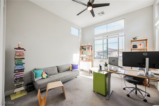 office with high vaulted ceiling, carpet floors, and ceiling fan