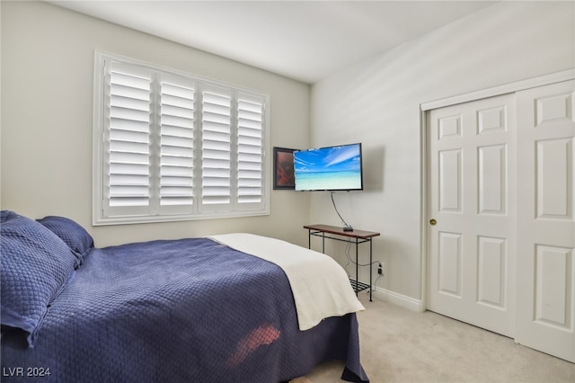 carpeted bedroom featuring a closet