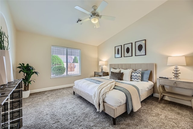 carpeted bedroom featuring lofted ceiling and ceiling fan