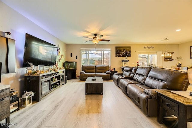 living room featuring ceiling fan with notable chandelier and light wood-type flooring