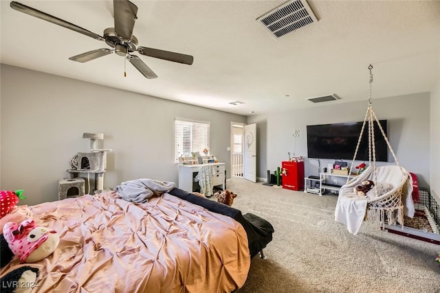 bedroom with light carpet and ceiling fan