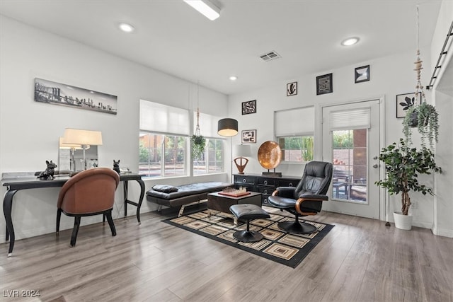 living room with a healthy amount of sunlight and hardwood / wood-style floors