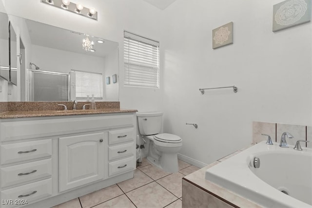 full bathroom with vanity, independent shower and bath, toilet, and tile patterned flooring