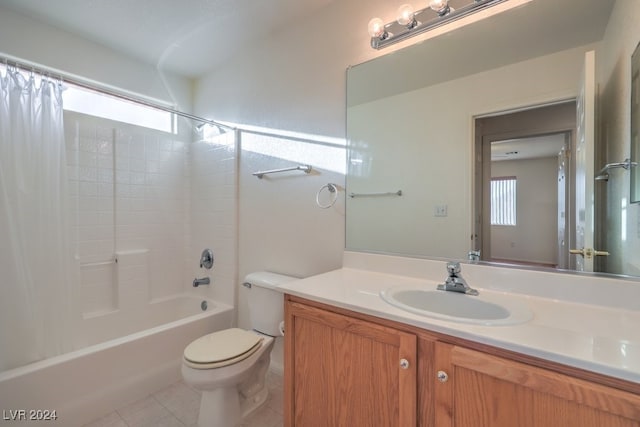 full bathroom with shower / bathtub combination with curtain, toilet, tile patterned flooring, and a wealth of natural light