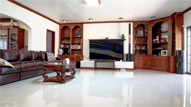 tiled living room featuring built in features, a textured ceiling, and crown molding