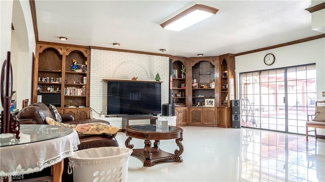 living room featuring tile patterned floors and crown molding