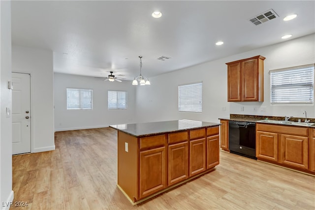 kitchen featuring a wealth of natural light, sink, dishwasher, and a center island