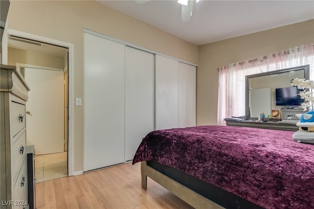 bedroom featuring light hardwood / wood-style flooring and ceiling fan