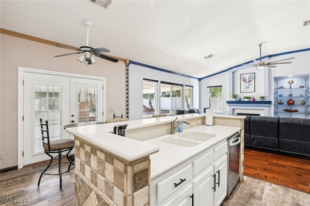 kitchen featuring dark hardwood / wood-style flooring, a wealth of natural light, sink, and an island with sink