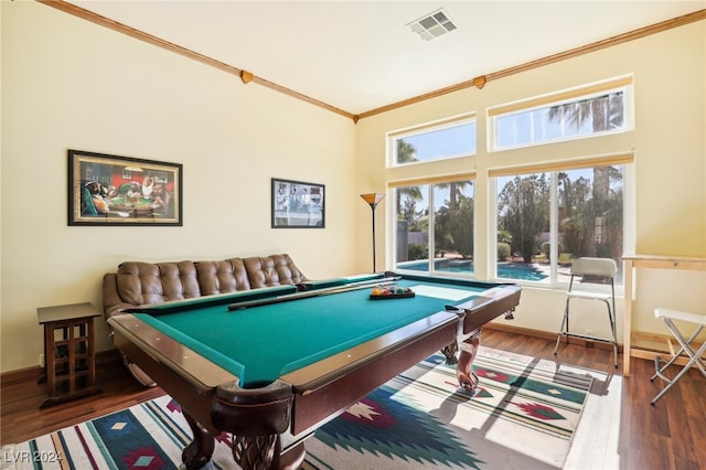 playroom featuring wood-type flooring, billiards, and crown molding