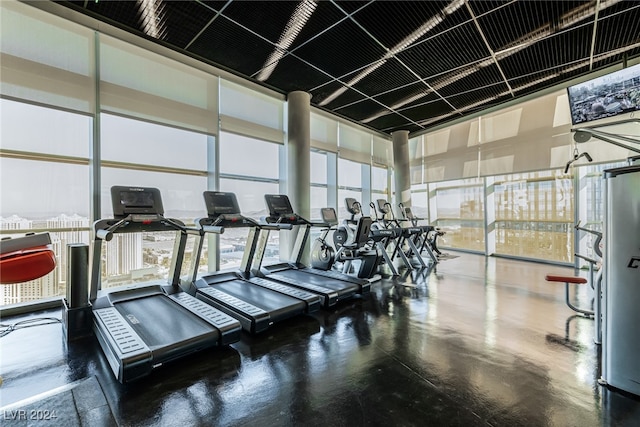 gym featuring concrete flooring and a wall of windows