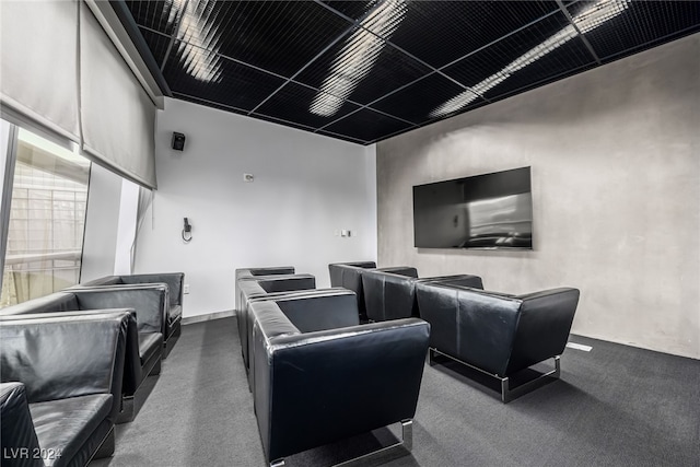 cinema with dark colored carpet and a towering ceiling