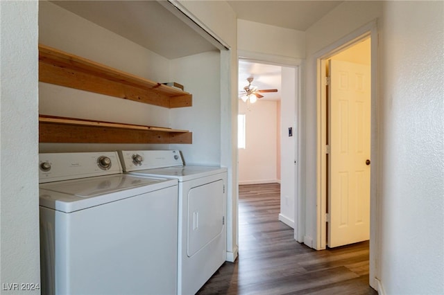 laundry area with dark hardwood / wood-style flooring, ceiling fan, and washer and clothes dryer