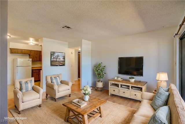 living room with light hardwood / wood-style floors and a textured ceiling