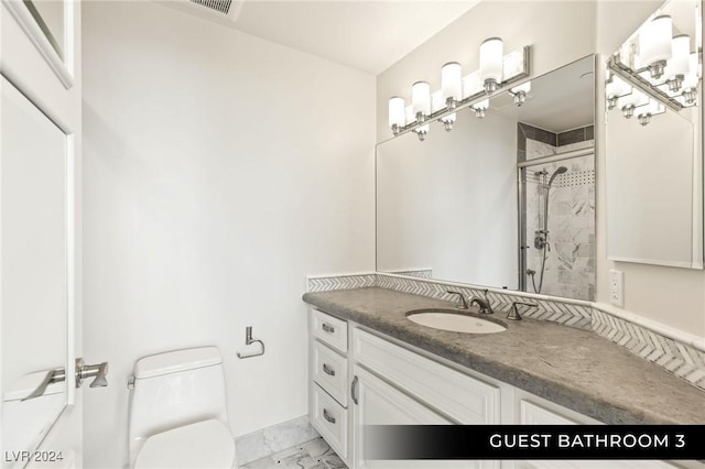 9103 Alta Dr Unit 401, Las Vegas, NV 89145 - bathroom featuring marble look tiles, a stall shower, toilet, and vanity