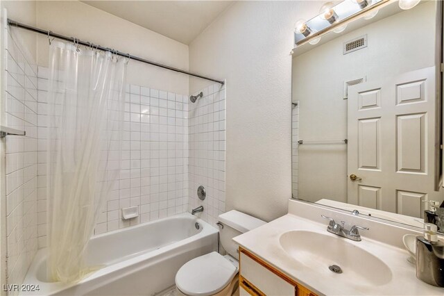 full bath featuring shower / tub combo, visible vents, vanity, and toilet