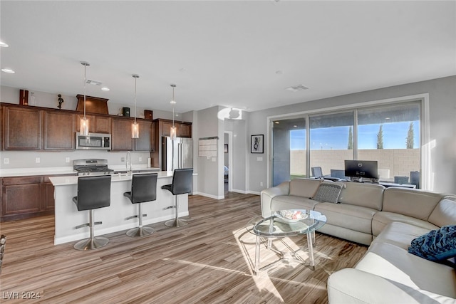 living room featuring light hardwood / wood-style flooring and sink