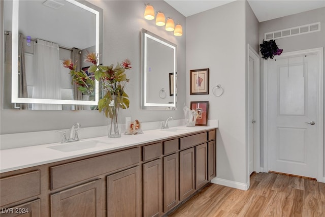 bathroom with hardwood / wood-style floors and vanity