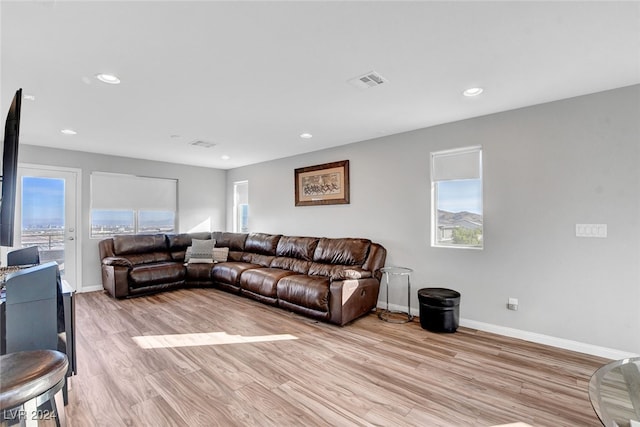 living room featuring plenty of natural light and light hardwood / wood-style floors