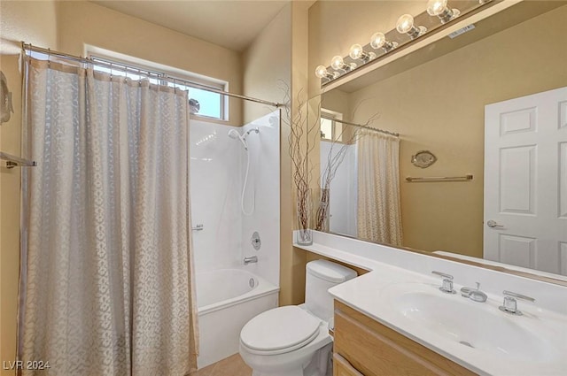 full bathroom featuring shower / bathtub combination with curtain, vanity, and toilet