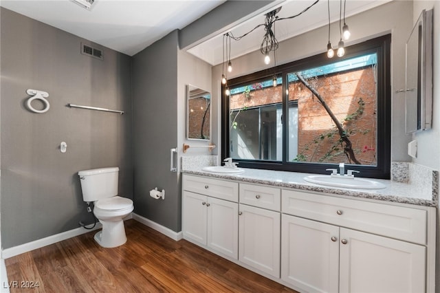 bathroom featuring wood-type flooring, toilet, and vanity