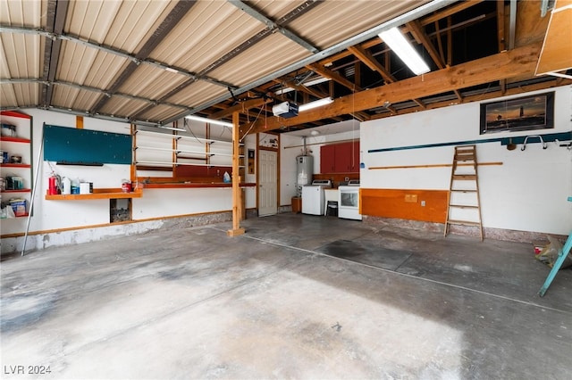 garage featuring separate washer and dryer, gas water heater, and a garage door opener