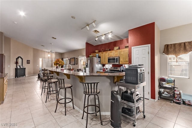 kitchen featuring stainless steel appliances, a kitchen bar, rail lighting, light tile patterned floors, and stone counters