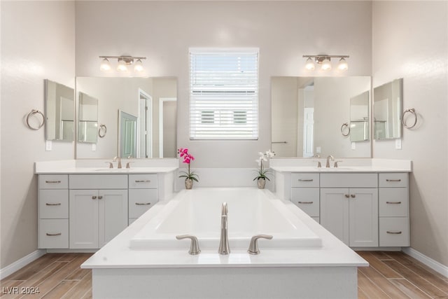 bathroom featuring vanity, hardwood / wood-style floors, and a bathing tub