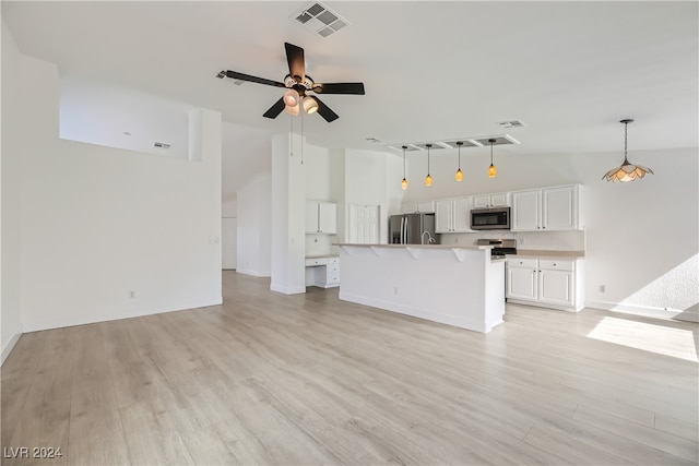 unfurnished living room featuring ceiling fan, light wood-type flooring, and lofted ceiling