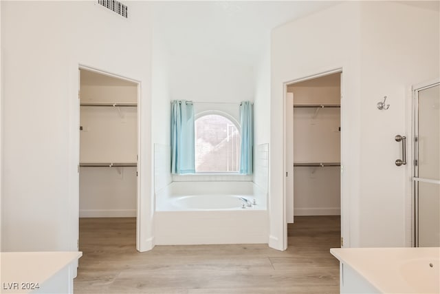 bathroom with plus walk in shower, vanity, and wood-type flooring