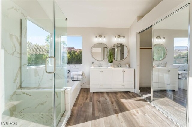 bathroom with hardwood / wood-style floors, vanity, and a shower with door