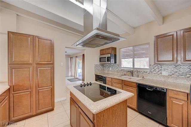 kitchen featuring beam ceiling, sink, island exhaust hood, decorative backsplash, and black appliances