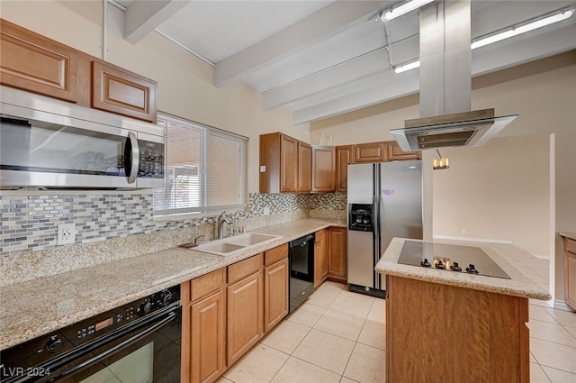 kitchen featuring sink, beamed ceiling, backsplash, light tile patterned floors, and black appliances