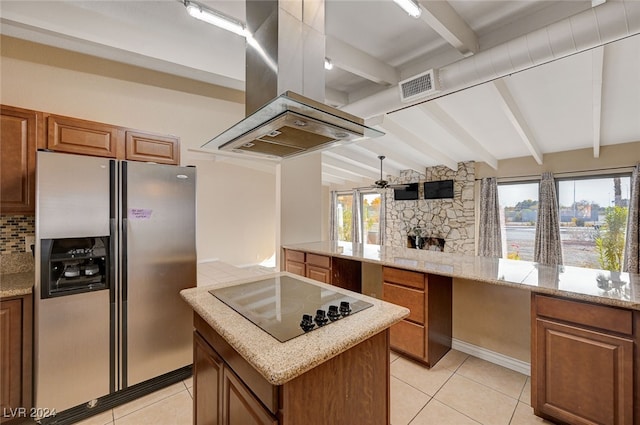 kitchen with vaulted ceiling with beams, stainless steel refrigerator with ice dispenser, island range hood, black electric stovetop, and light tile patterned floors