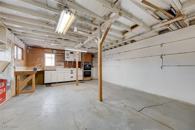 basement with a workshop area