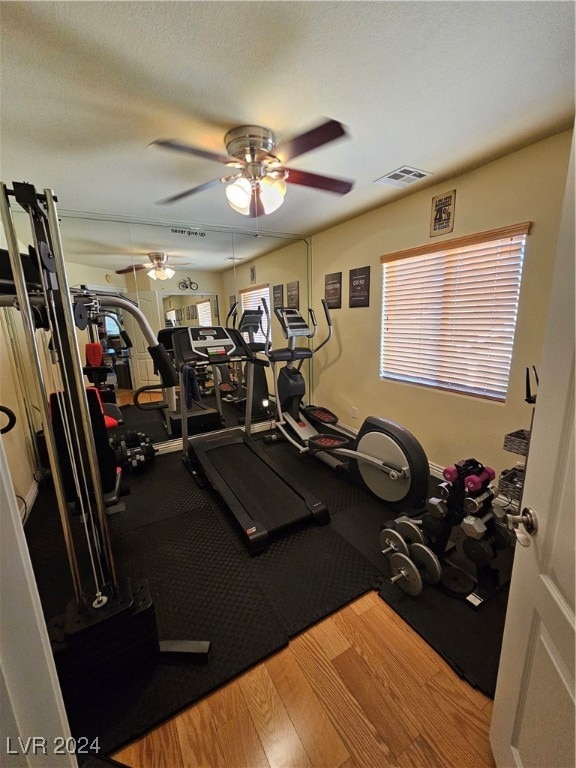 workout area with a textured ceiling, hardwood / wood-style floors, and ceiling fan