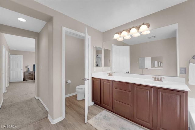 bathroom with vanity, hardwood / wood-style flooring, and toilet