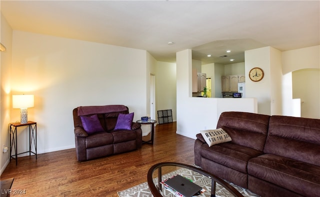 living room with dark hardwood / wood-style flooring