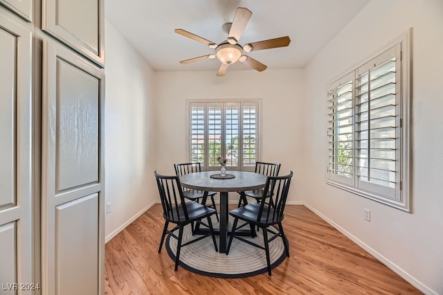 dining room with ceiling fan and light hardwood / wood-style flooring