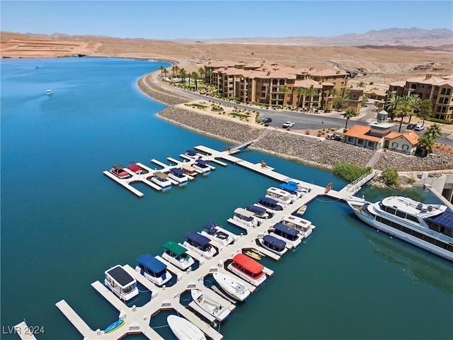 bird's eye view featuring a water and mountain view