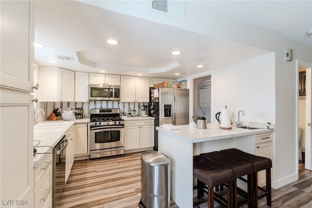 kitchen featuring stainless steel appliances, a kitchen bar, a raised ceiling, and white cabinets