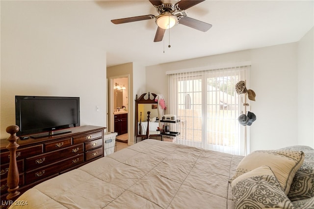 bedroom with ceiling fan and connected bathroom