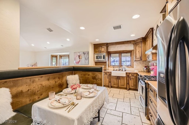 kitchen with decorative backsplash, appliances with stainless steel finishes, a healthy amount of sunlight, and sink