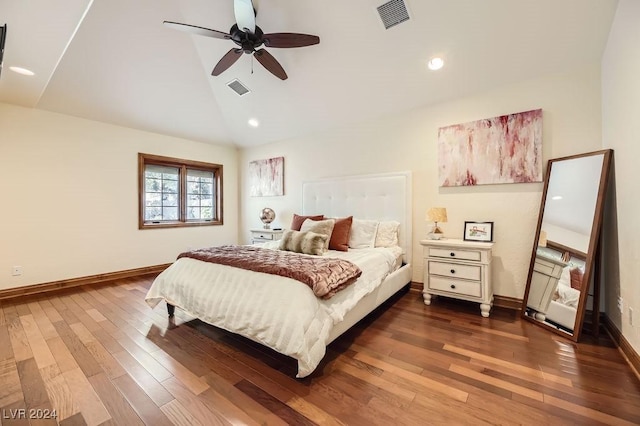 bedroom featuring high vaulted ceiling, ceiling fan, and dark hardwood / wood-style flooring