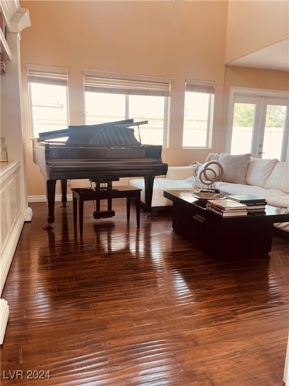 misc room with a high ceiling and dark hardwood / wood-style flooring