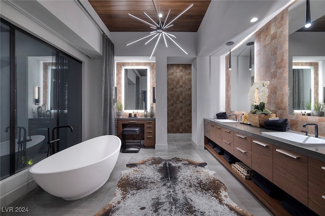 bathroom with tile walls, vanity, wooden ceiling, and an inviting chandelier