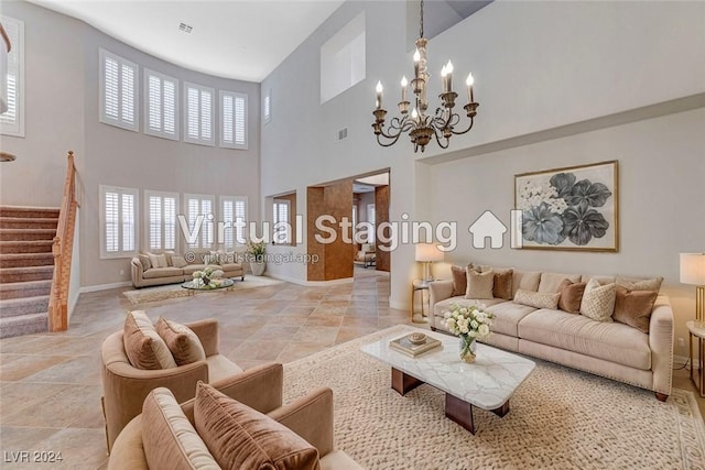 tiled living room featuring a notable chandelier